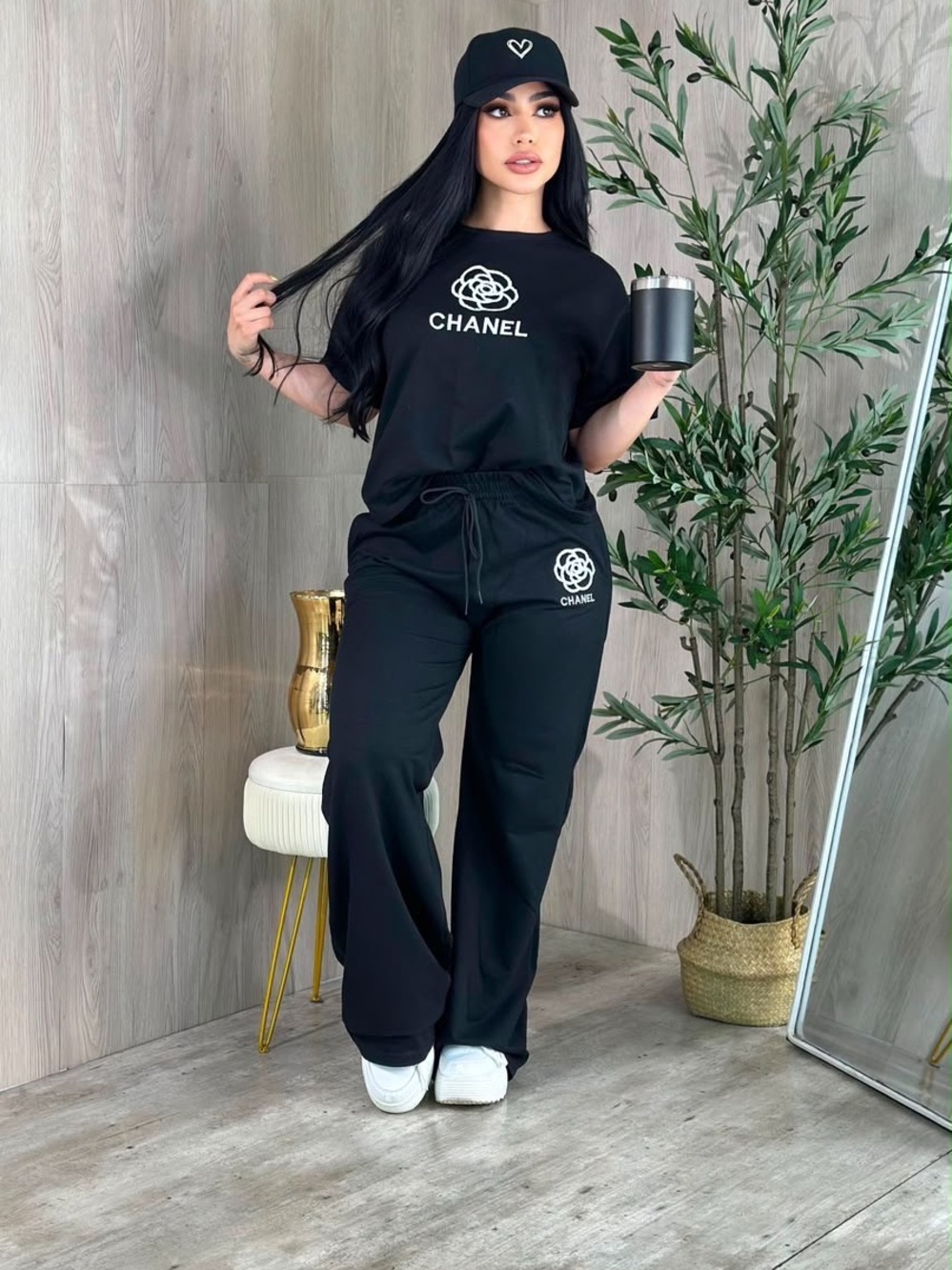 Black Logo Wide-Leg Lounge Pants Set size S